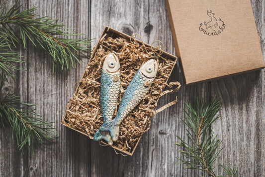 Išskirtinė vintažinė Kalėdų eglutės puošmena žuvis - rankų darbo keramikos lašišos kalėdinė dovana