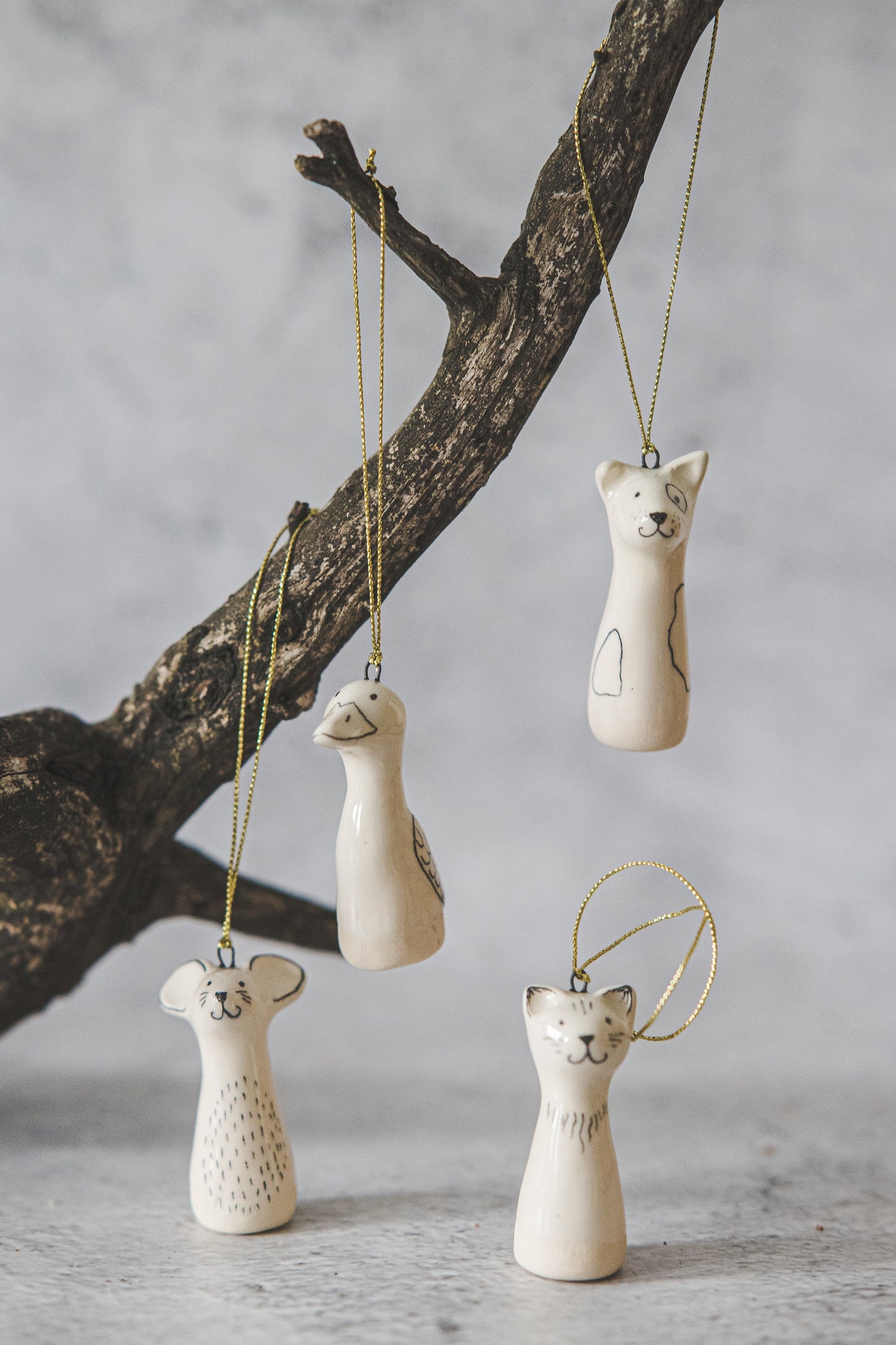 Eglutės naminių gyvūnų dekoravimo rinkinys keturių - Šuns, katė, pelė, antis keramikos kalėdinių papuošalų dovana