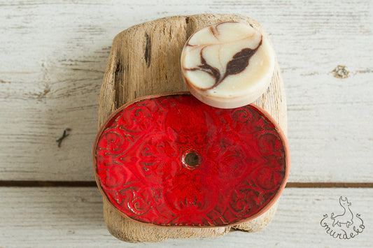 Red ornamented clay soap dish with drain - Ceramic draining soap dish with legs - Red pottery sponge holder