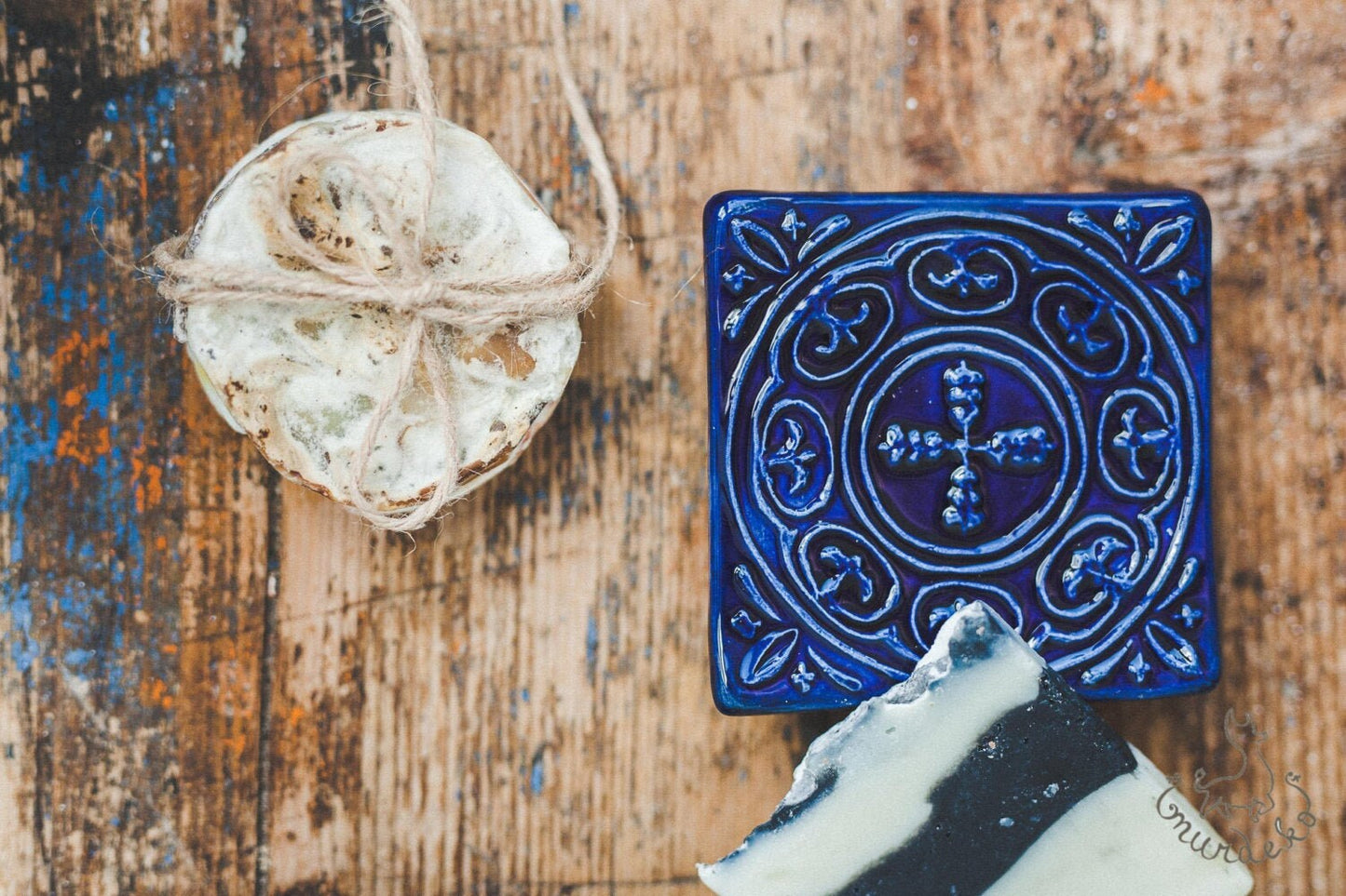 Small blue square ceramic spoon rest - Ornamented draining soap tray - Dark blue key tray - Pottery soap dish with drain