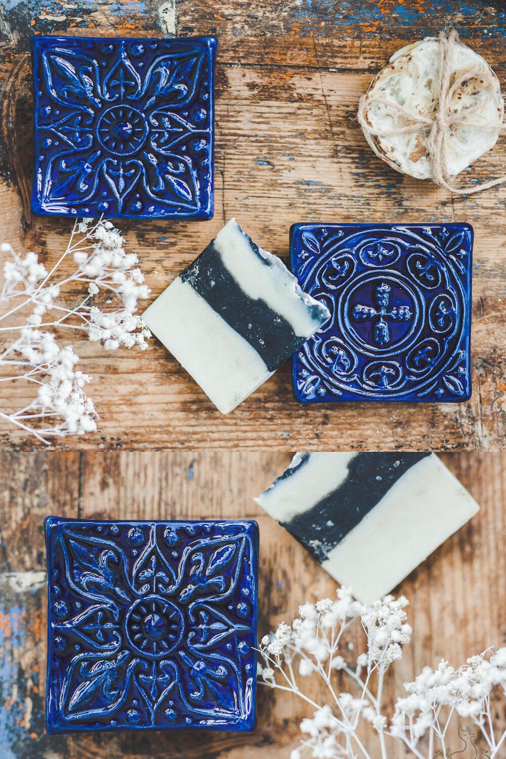 Small blue square ceramic spoon rest - Ornamented draining soap tray - Dark blue key tray - Pottery soap dish with drain