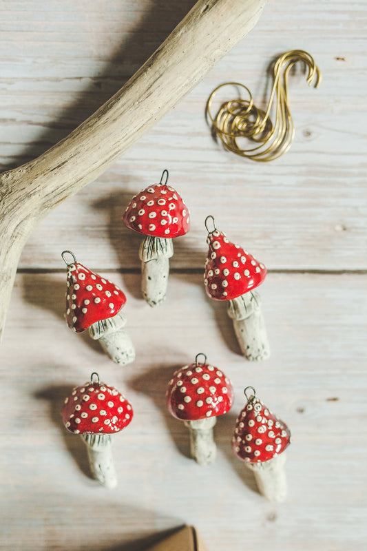 Set of six Christmas tree mushroom ornament - Ceramic red mushroom decoration - Pottery mushroom Christmas gift