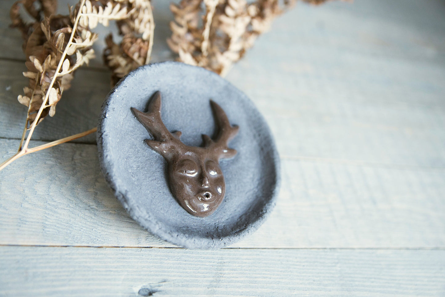 Grey ceramic incense stick holder with mythic creature - Rustic pottery cone incense burner plate