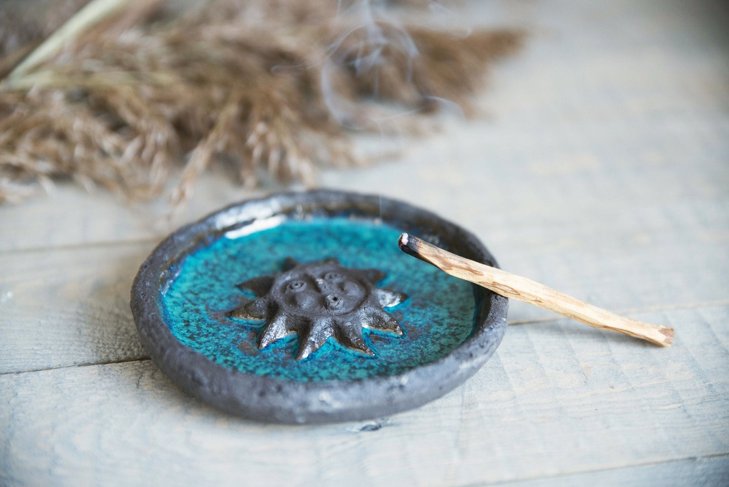 Palo Santo incense ceramic plate with the sun - Dark blue cone incense burner plate - Incense stick holder
