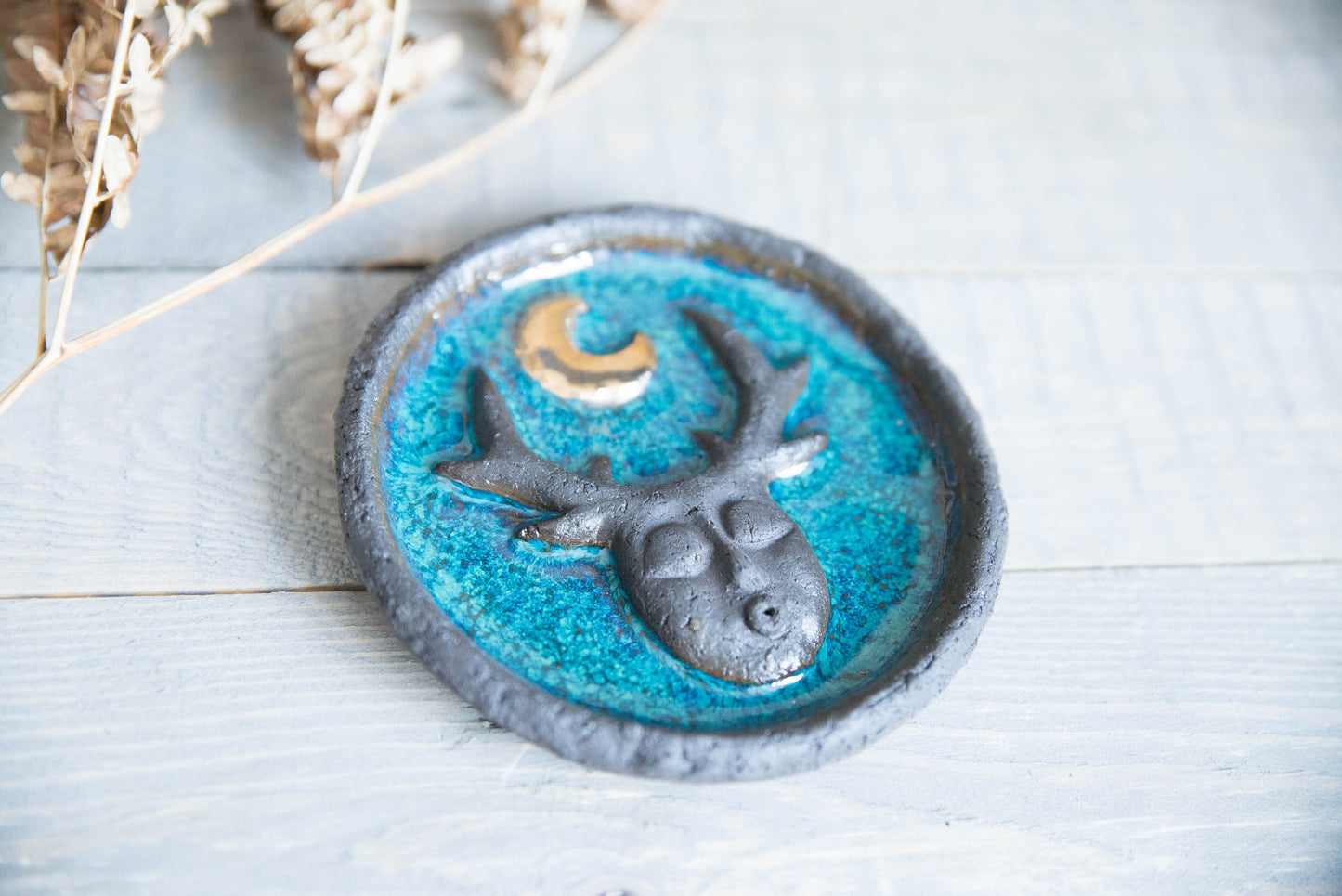 Palo Santo burner plate with the gold plated moon - Dark blue cone incense smudging ceramic plate