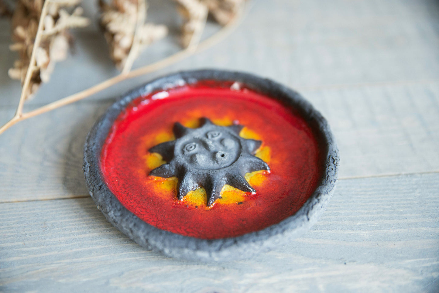 Red ceramic incense stick holder with the sun - Incense burner pottery plate with red glaze