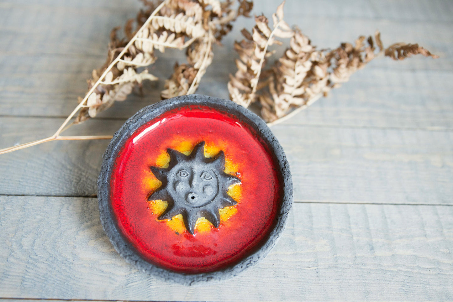 Red ceramic incense stick holder with the sun - Incense burner pottery plate with red glaze