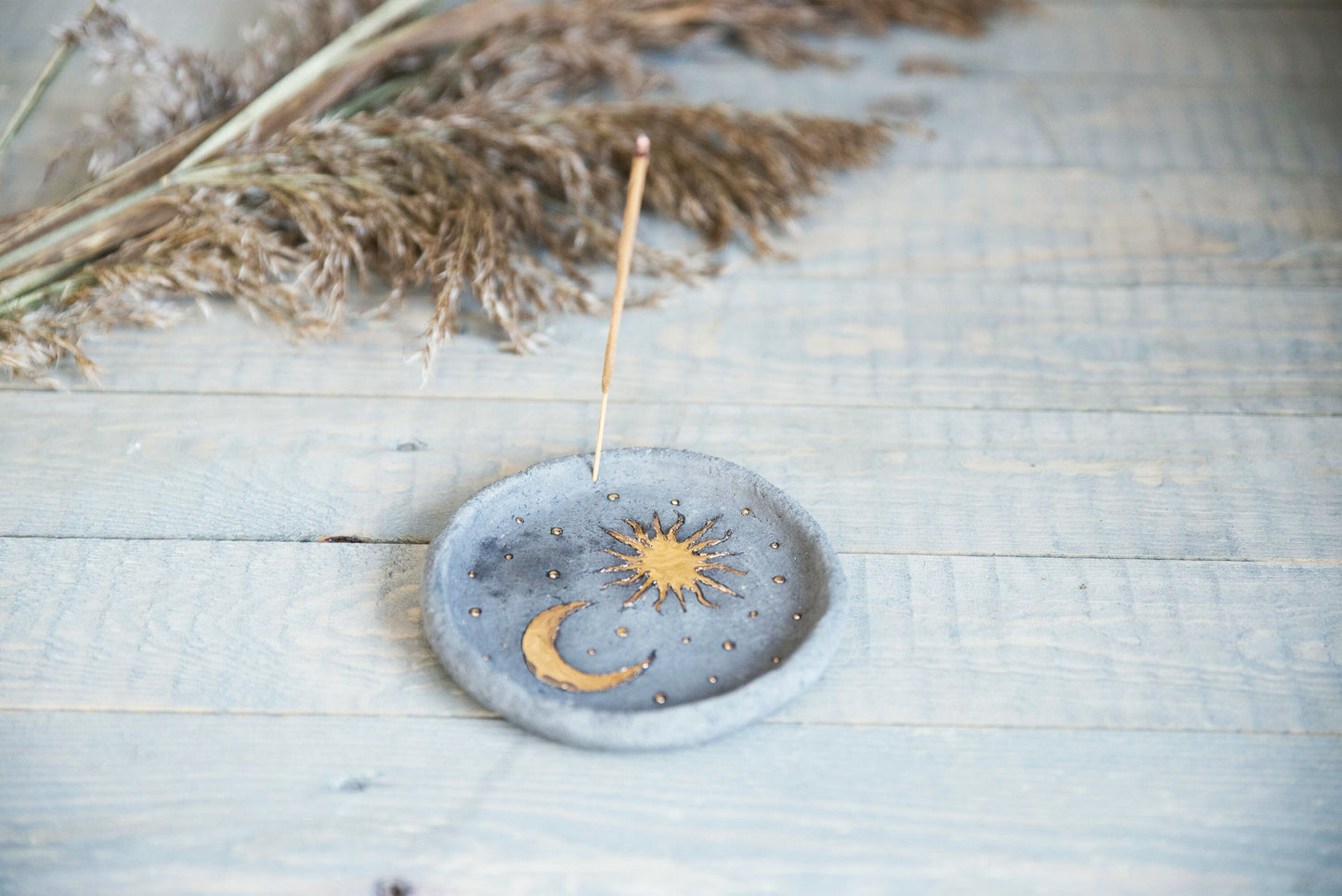 Young moon phase cone incense holder - Sun and moon Palo Santo gold plated incense plate