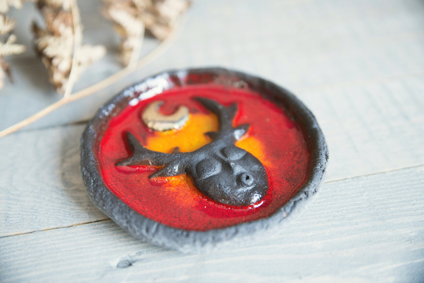 Red ceramic stick incense holder with forest creature - Aroma scent burner plate with golden moon
