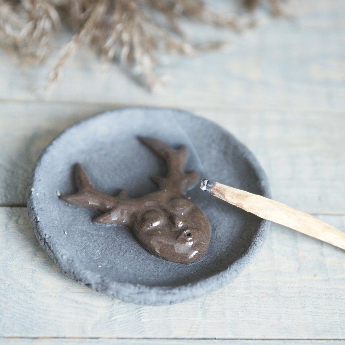 Grey ceramic incense stick holder with mythic creature - Rustic pottery cone incense burner plate