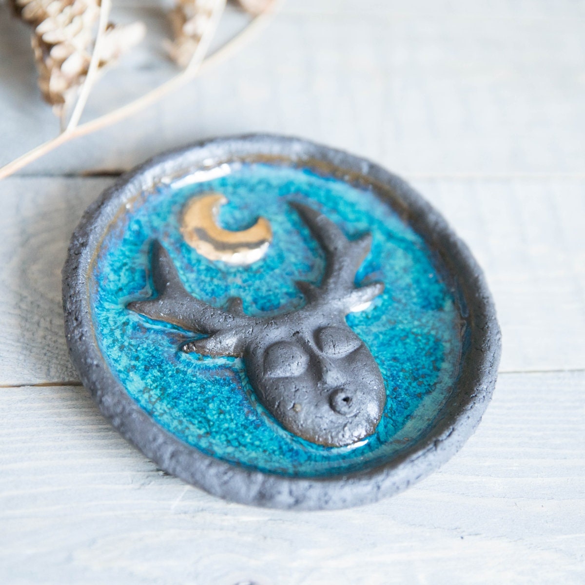 Palo Santo burner plate with the gold plated moon - Dark blue cone incense smudging ceramic plate