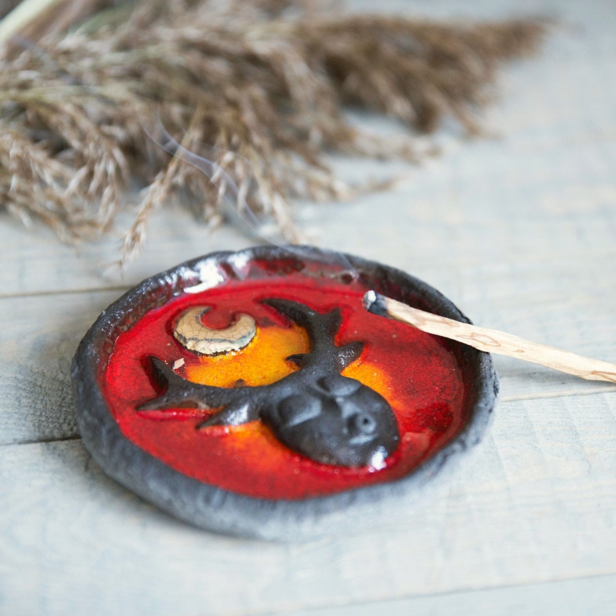 Red ceramic stick incense holder with forest creature - Aroma scent burner plate with golden moon