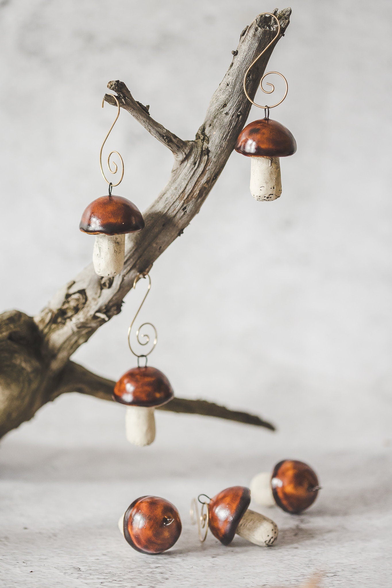 Vintage Christmas ornament set of six boletus mushrooms - Penny bun pottery fungi Christmas decorations - Porcini Christmas mushrooms gift