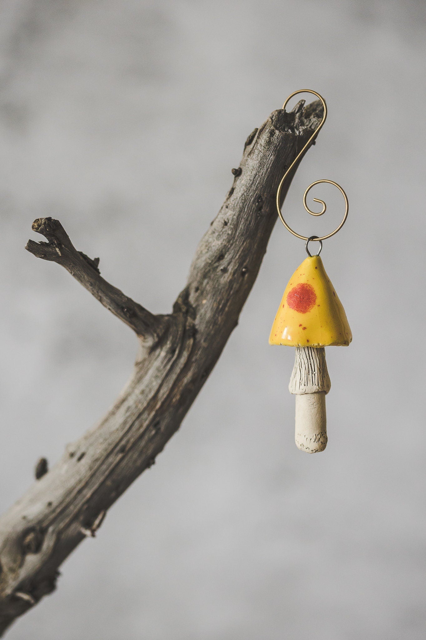 Ceramic yellow mushroom with red dots Christmas ornament - Colorful pottery fungus Christmas tree decoration - Christmas gift