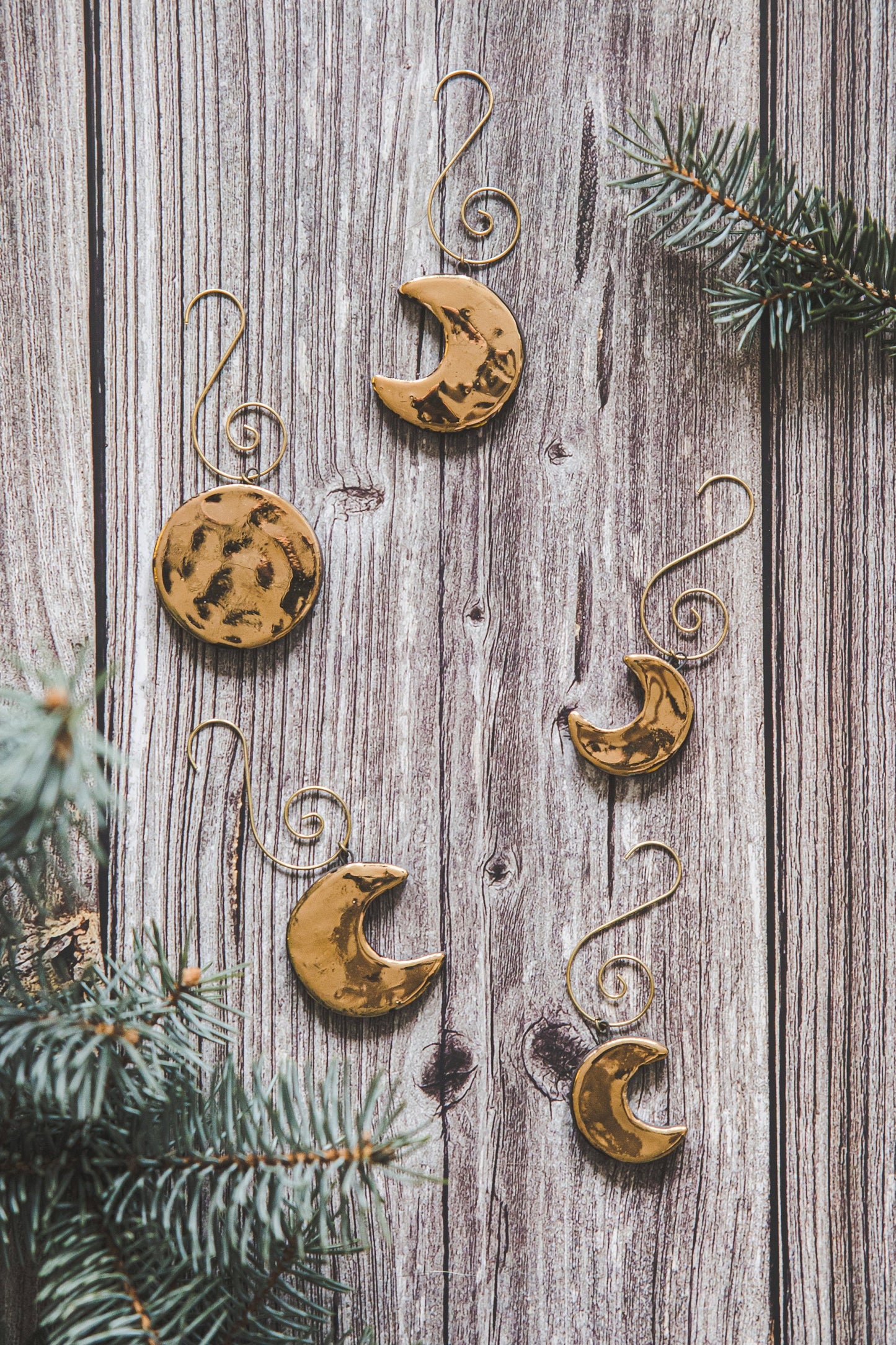 Gold plated ceramic moon phases Christmas ornament set of five - Full moon, young moon, old moon, Lunar Christmas decoration gift