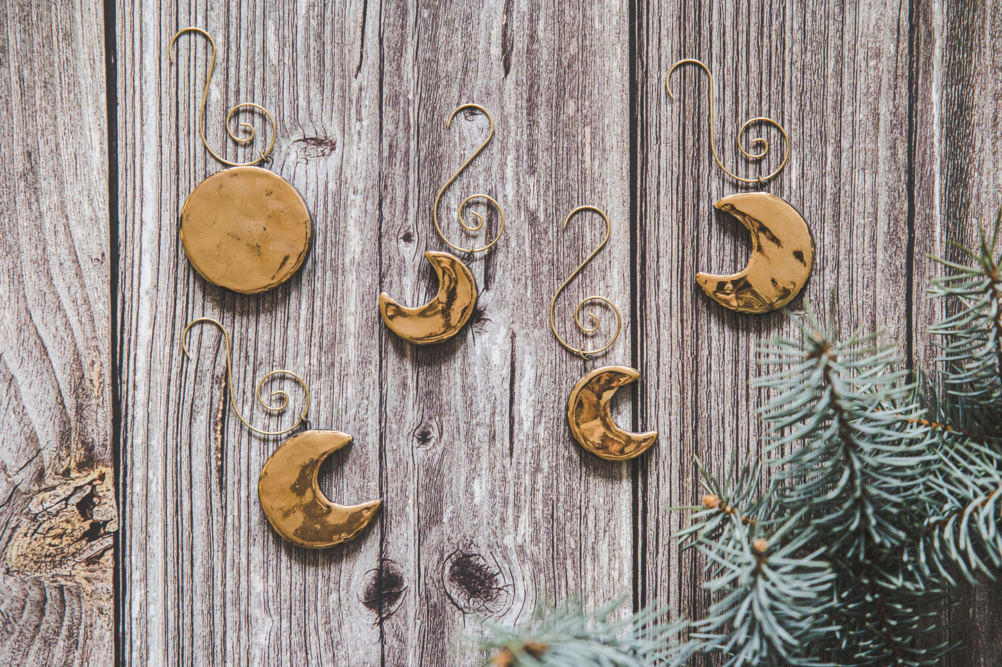 Gold plated ceramic moon phases Christmas ornament set of five - Full moon, young moon, old moon, Lunar Christmas decoration gift