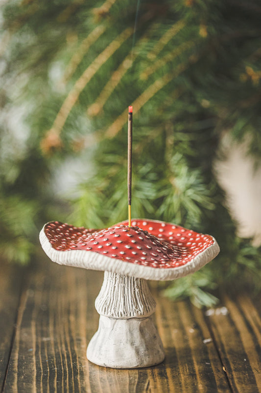 Fly agaric mushroom shape ceramic stick incense holder - Amanita muscaria scent burner plate