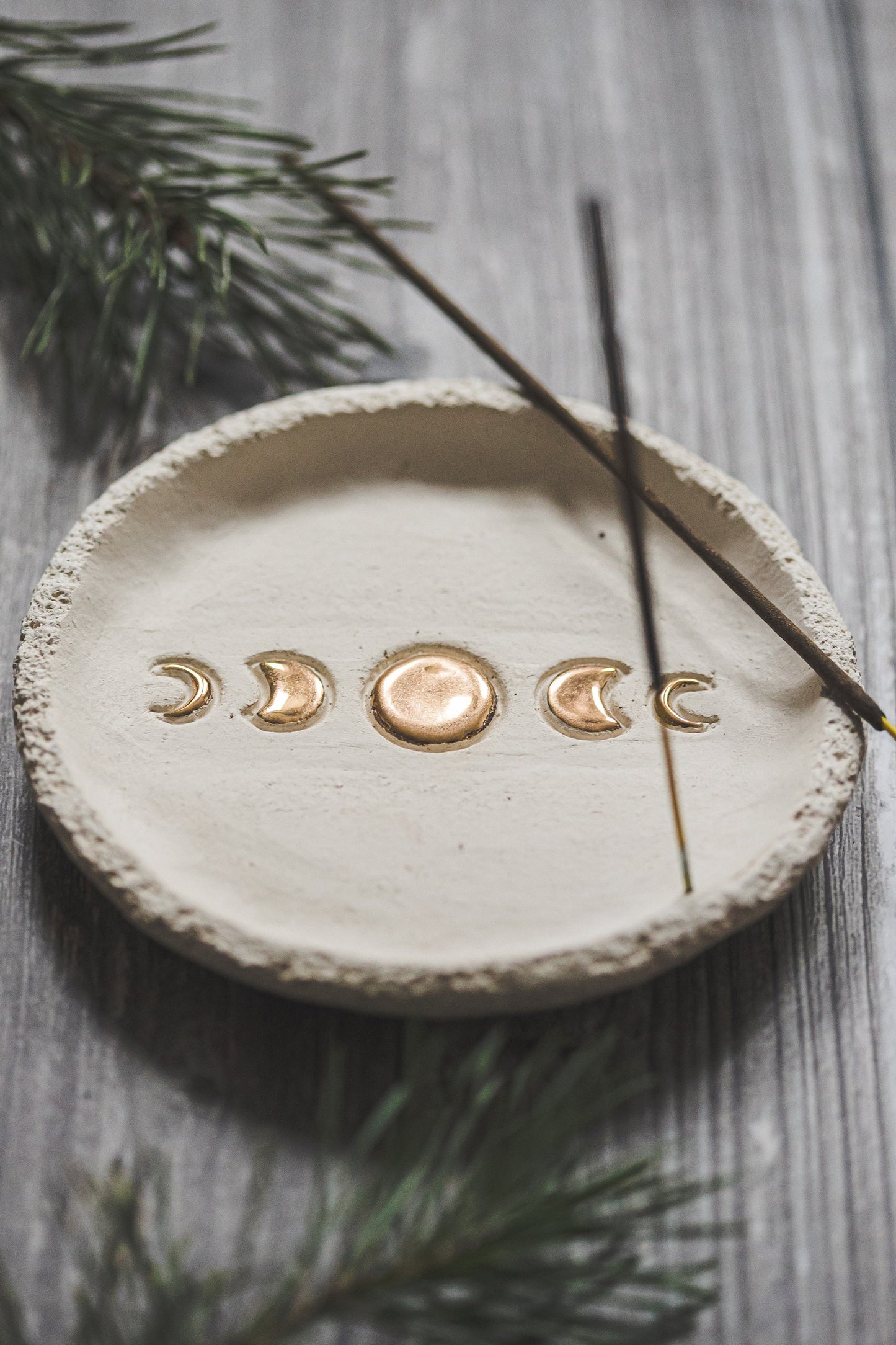 Frankincense burning ceramic plate with moon phases - Lunar phase gold plated cone incense burner tray