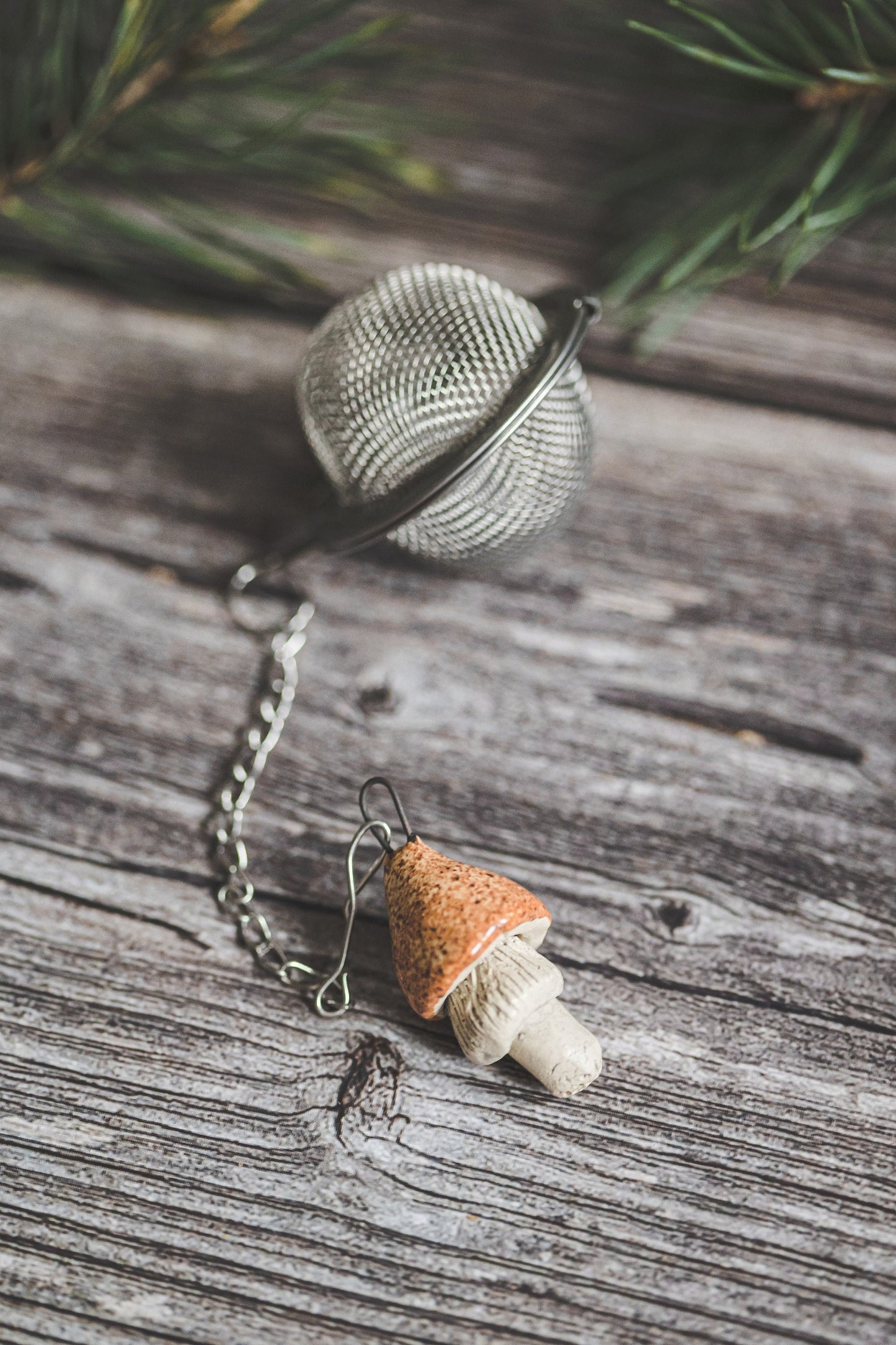 Loose leaf tea strainer with yellowish swamp mushroom - Mother's day gift - Herbal tea infuser with ceramic charm - Christmas gift