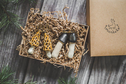 Set of four exclusive Christmas tree mushroom ornament - Ceramic Phallus and False morels mushrooms decoration - Christmas gift