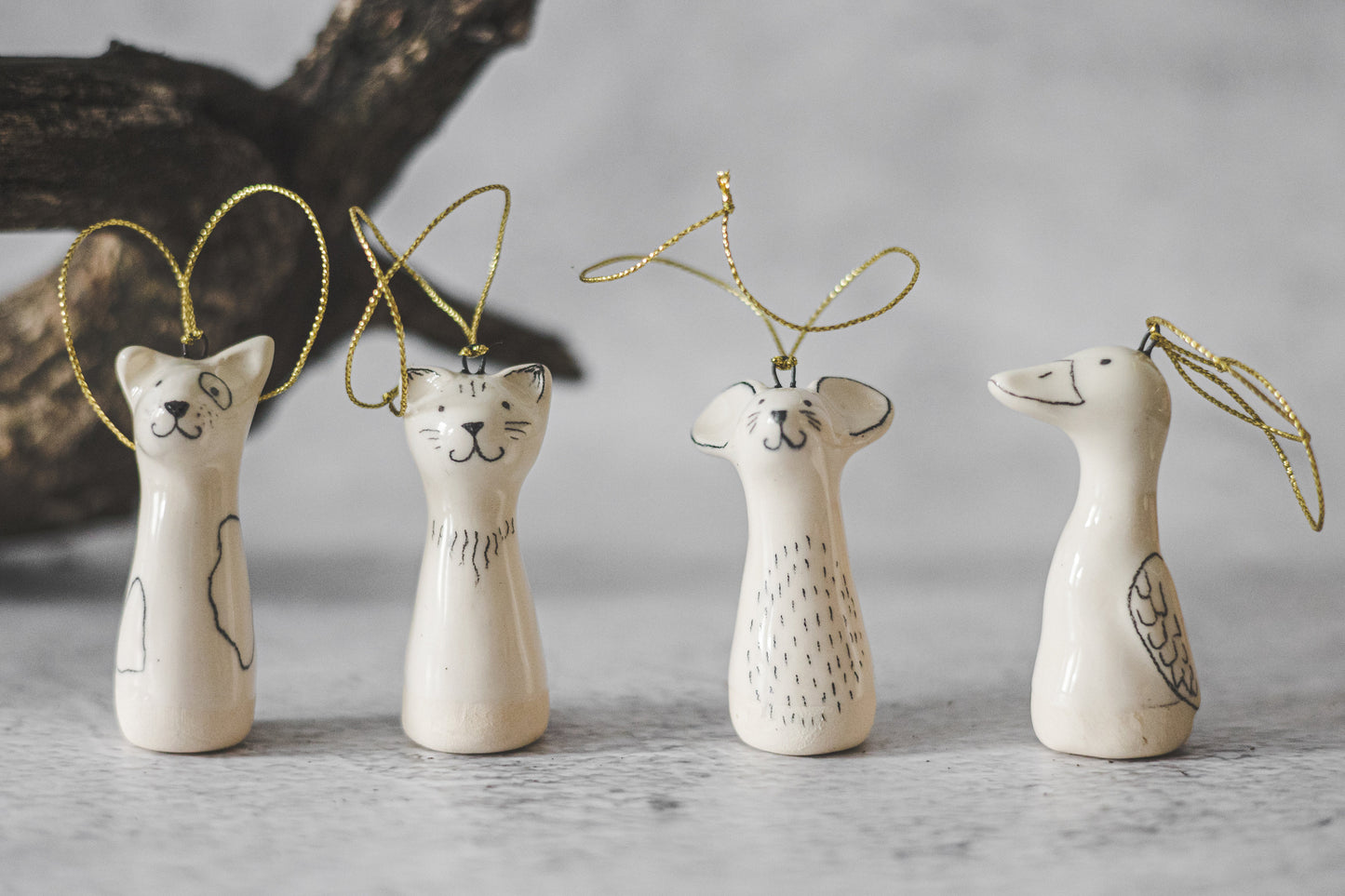 Christmas tree domestic animals decoration set of four - Dog, cat, mouse, duck ceramic Christmas ornaments gift